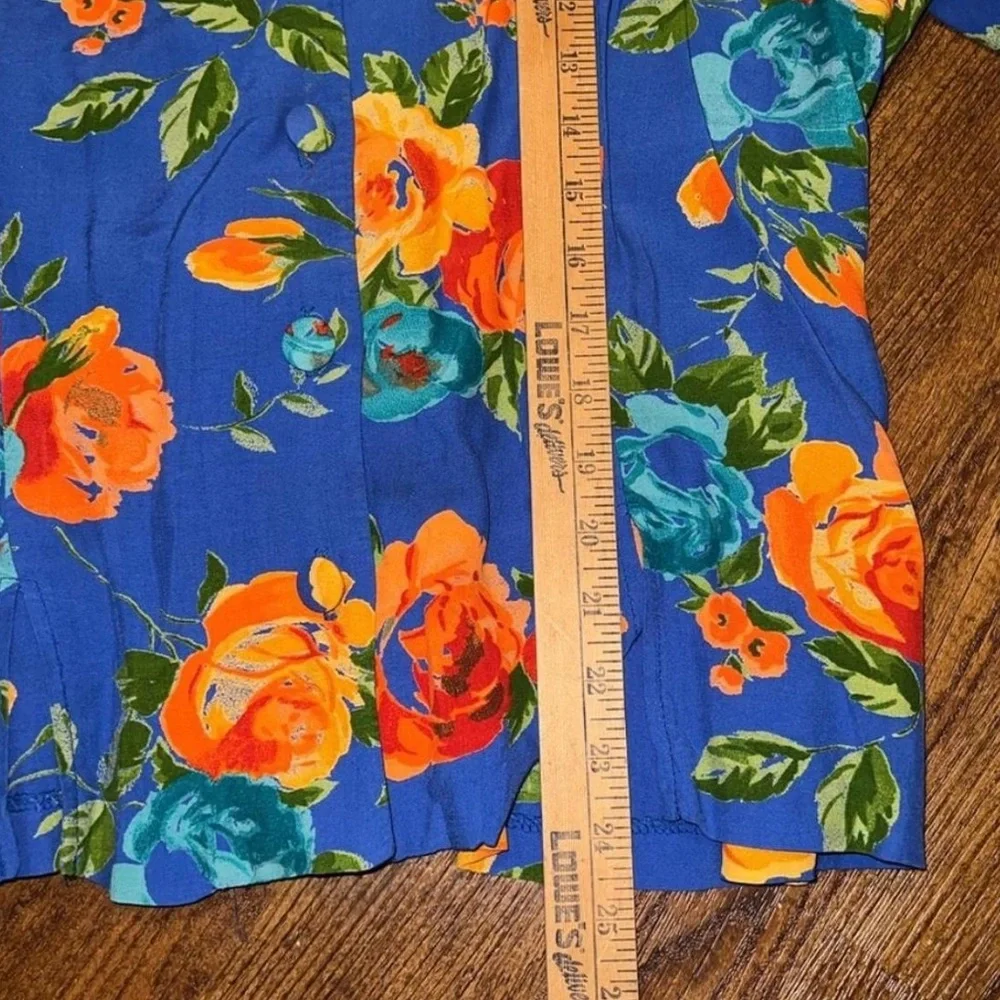Vintage Blue Tropical Floral Boho Retro Button Up Short Sleeve Tunic Top Size M - Picture 13 of 13
